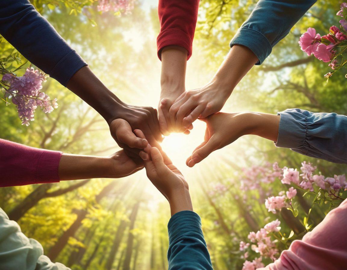 A powerful scene depicting a diverse group of people holding hands in a circle, symbolizing support and resilience, with a backdrop of healing nature—gentle sunlight filtering through trees and blooming flowers. Include elements representing hope, such as ribbons and heart symbols. super-realistic. vibrant colors. soft focus.