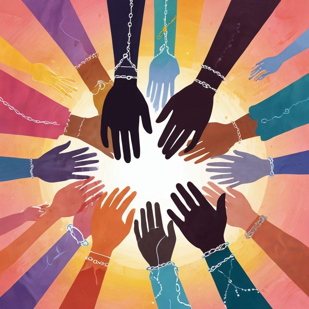 A graceful illustration depicting a diverse group of individuals, each representing various stages of the cancer journey, holding hands in solidarity. In the background, shattered chains symbolize overcoming struggles, while a radiant sunrise hints at hope and new beginnings. Elements of research and community support, such as a stethoscope and a group of volunteers, are subtly integrated. The color palette should be warm and uplifting to reflect empowerment. vibrant colors. artistic painting.