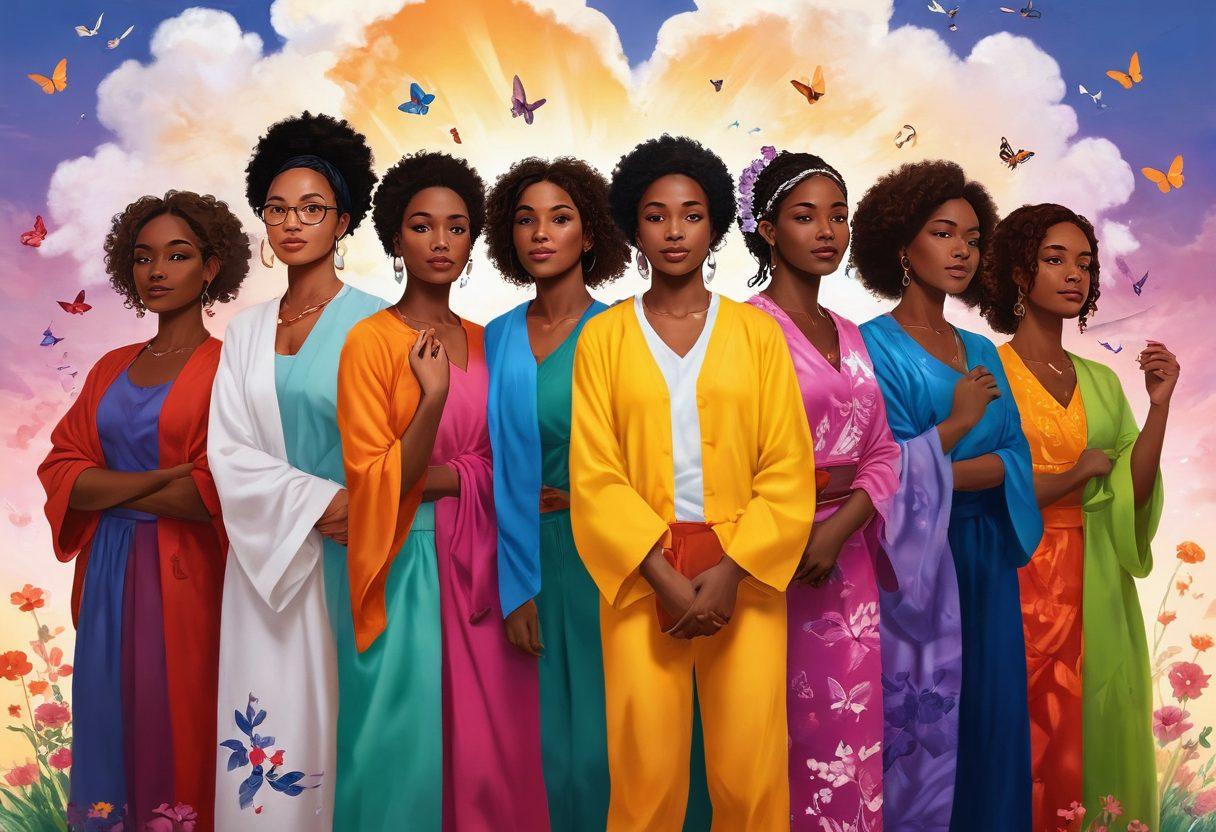 A powerful illustration of a diverse group of survivors standing together, each portraying their unique story through vibrant clothing and expressive poses. Surround them with symbols of hope like butterflies, rays of sunlight breaking through clouds, and blossoms. Include elements like books and hearts to represent resources and support. The background should evoke a sense of strength and transformation, blending warm and uplifting colors. super-realistic. vibrant colors. blended textures.
